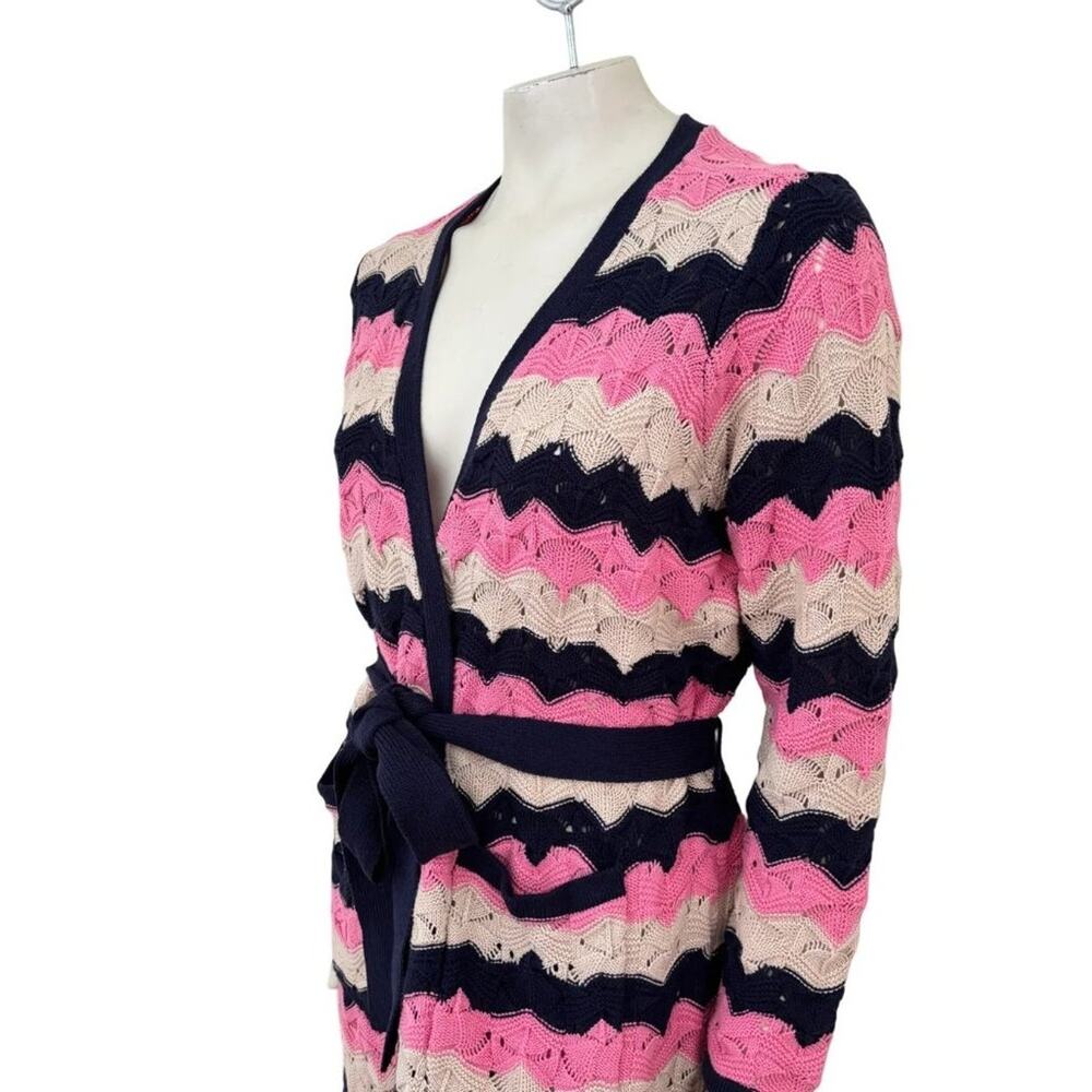 LAURIE FELT Scalloped Stripe Belted Duster Cardigan  Navy Pink Beige SZ MP